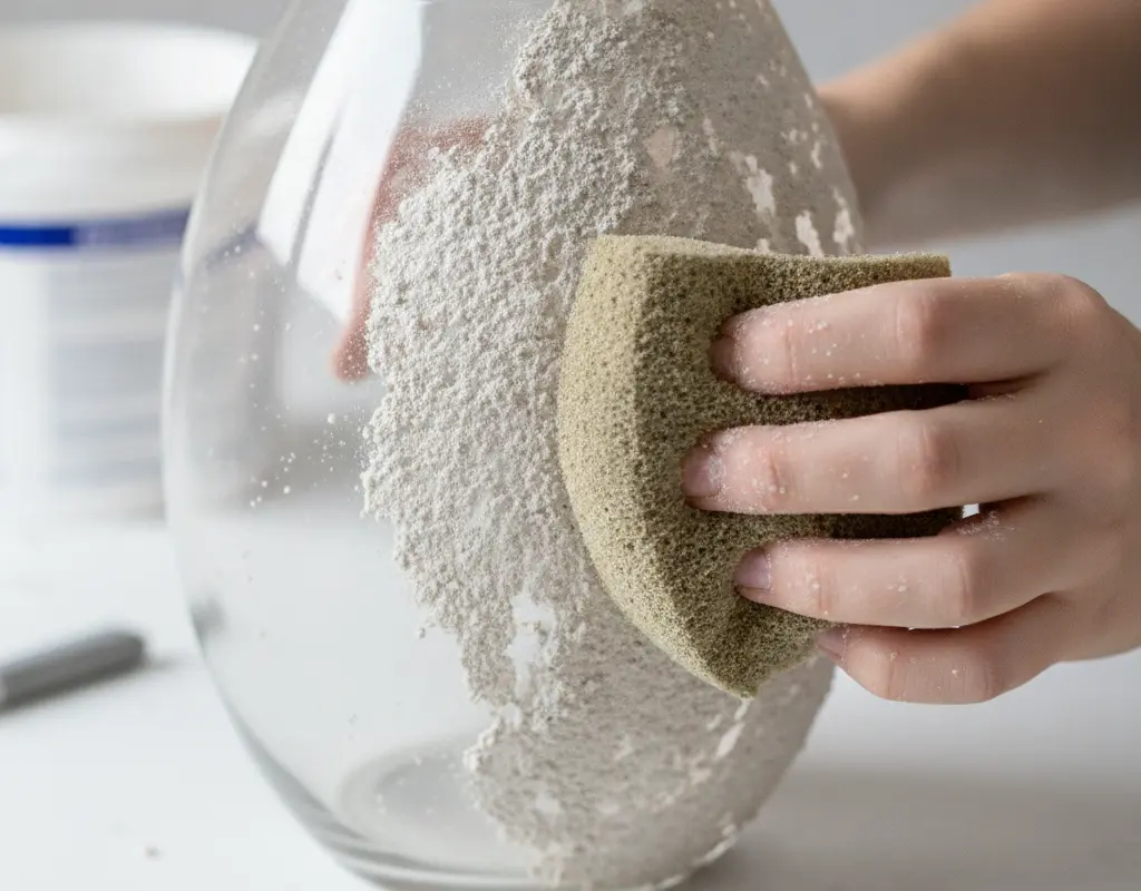 Step-by-step process of applying textured joint compound to a glass vase with a sponge.
