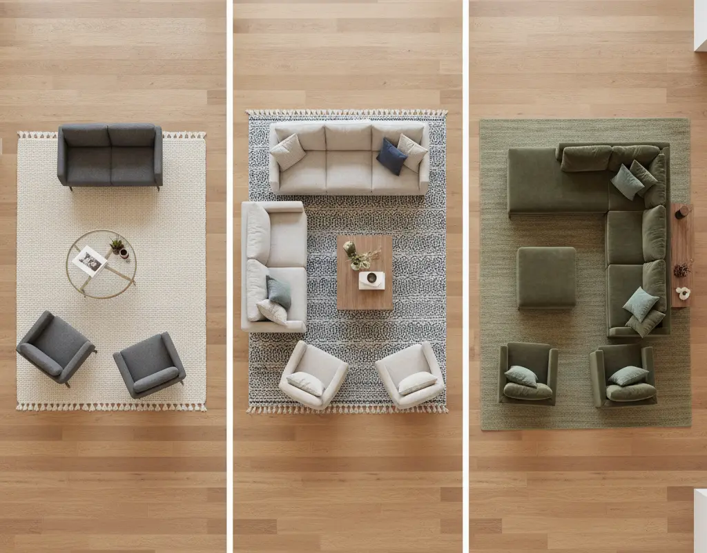 Visual guide to living room rug sizes: 5x8, 8x10, and 9x12 layouts.