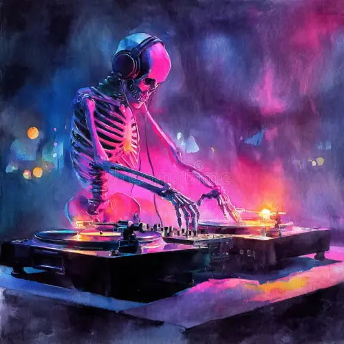 skeleton dj colorful halloween party vibrant music watercolor playing turntables ebony black lights .webp