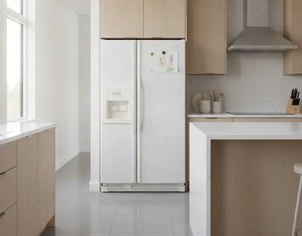 Before shot of a white rental refrigerator, ready for a stainless steel contact paper transformation.