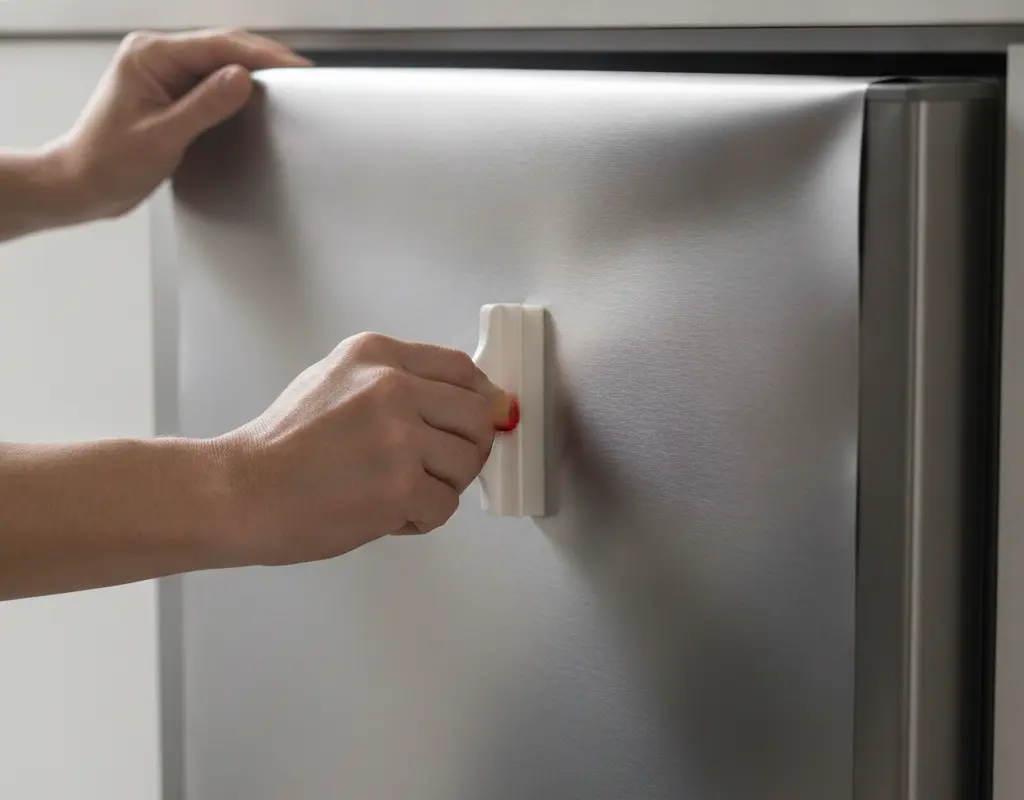 Applying brushed metallic stainless steel contact paper to a dishwasher panel for a seamless finish.