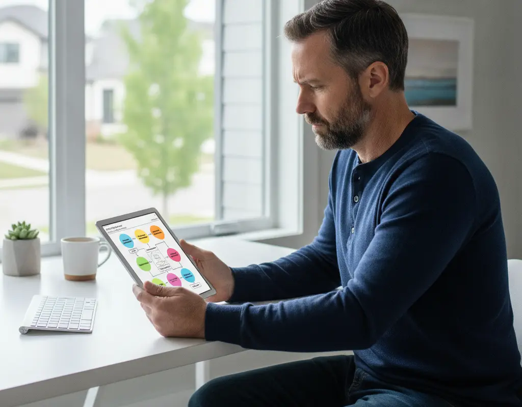 Mid-career professional analyzing career skills on a tablet