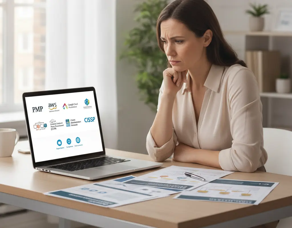 Mid-career professional contemplating various competing certifications on a laptop