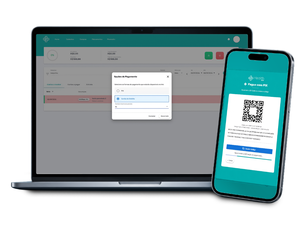 Mockup App Health Pagamentos em Mac e iPhone