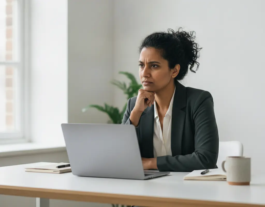 New manager experiencing imposter syndrome, looking thoughtfully at a laptop.