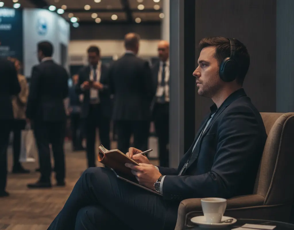 An introvert strategically observing and preparing at a professional event