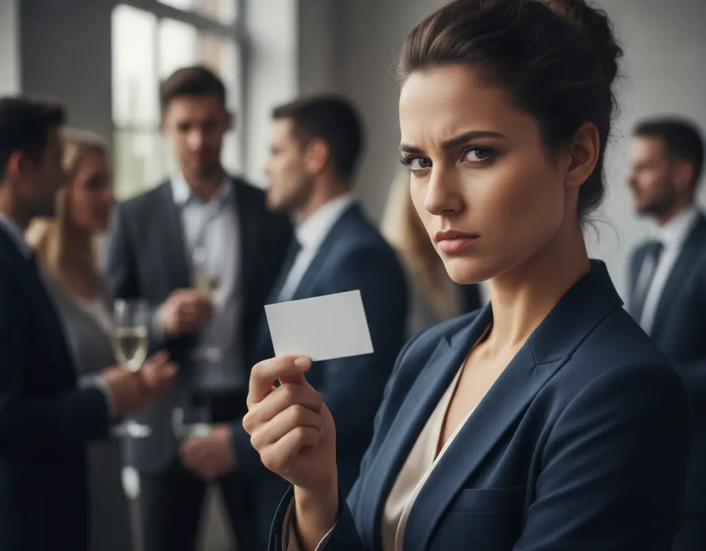 Professional looking slightly uncomfortable at a networking event, representing someone who hates networking