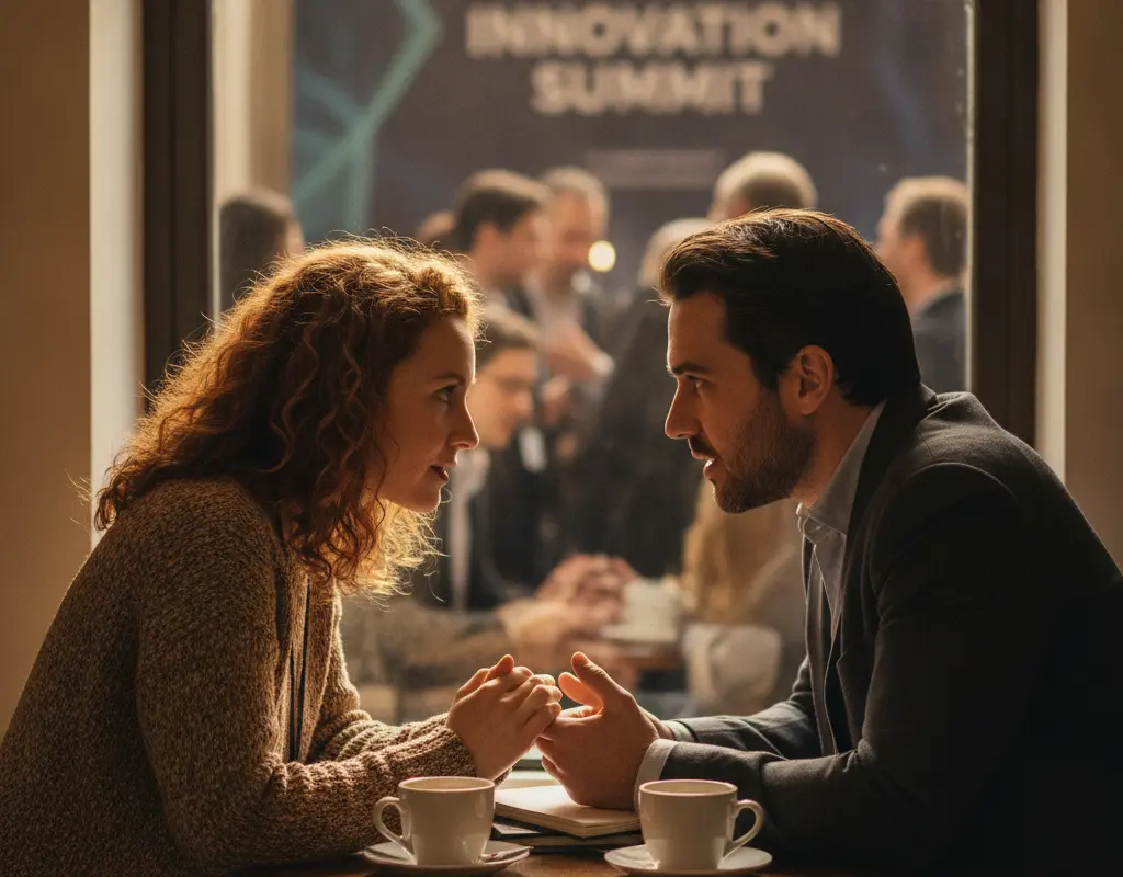 Two people engaged in a meaningful, one-on-one conversation at a professional gathering