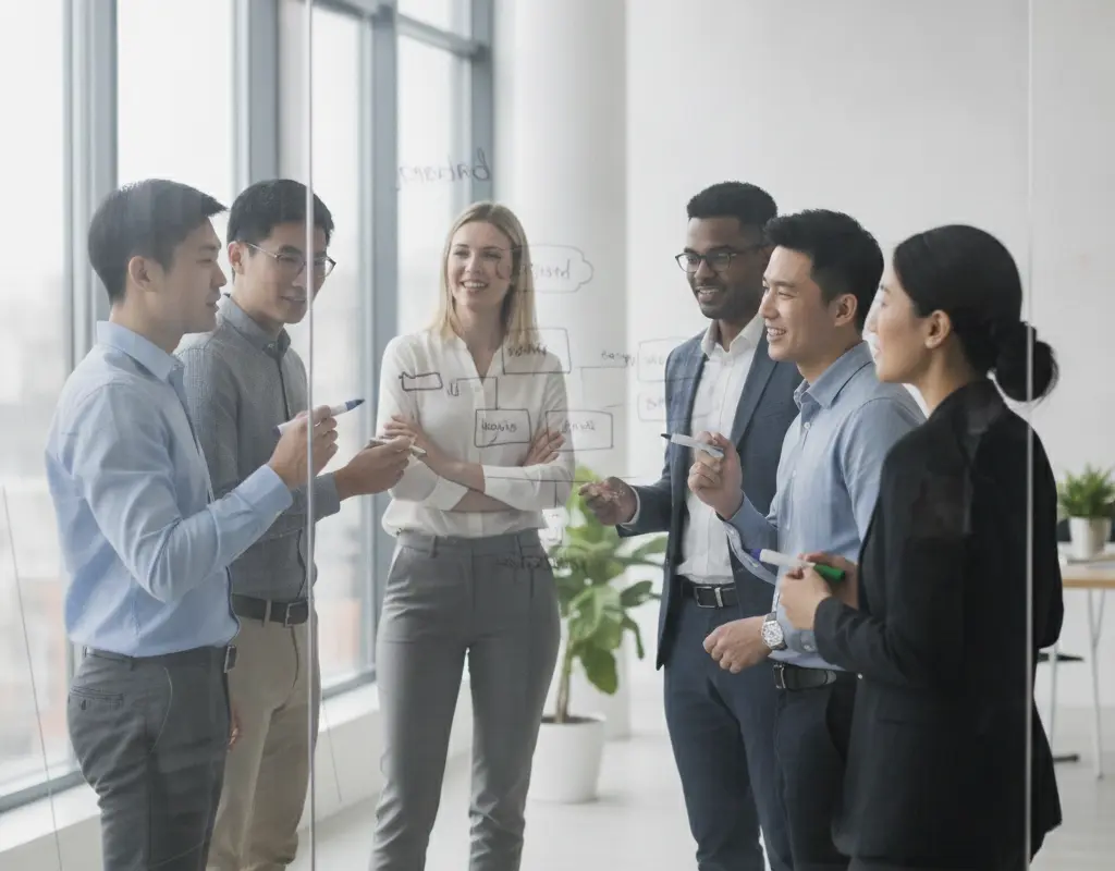 Manager effectively coaching a diverse team, demonstrating leadership through guidance rather than direct task execution.