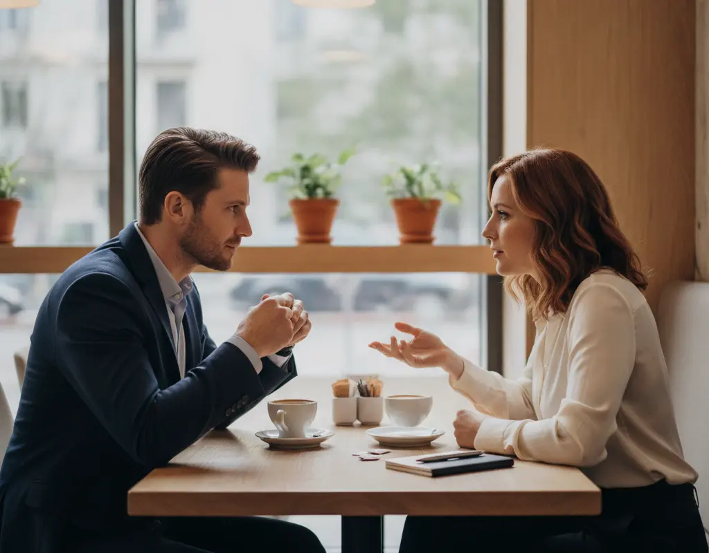 Two colleagues engaging in a low-key, authentic networking conversation over coffee