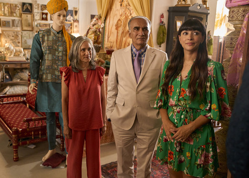 From L to R: Sakina Jaffrey, Iqbal Theba, and Hannah Simone in SUPER TROOPERS 3. Photo by Patrick Ha