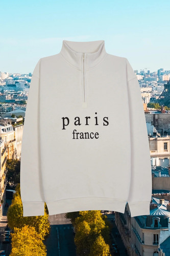 Unisex Fleece Ribbed Cuffs & Hem Quarter-Zip - ' PARIS / FRANCE ' Embroidery-BEIGE.jpg