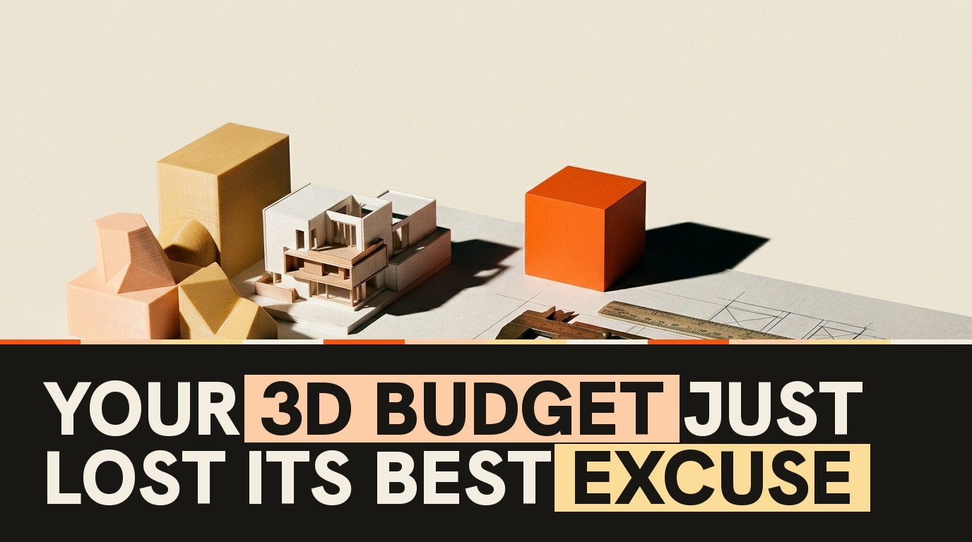 Editorial still-life photograph of geometric 3D-printed shapes and an architectural maquette beside an orange cube on drafting paper