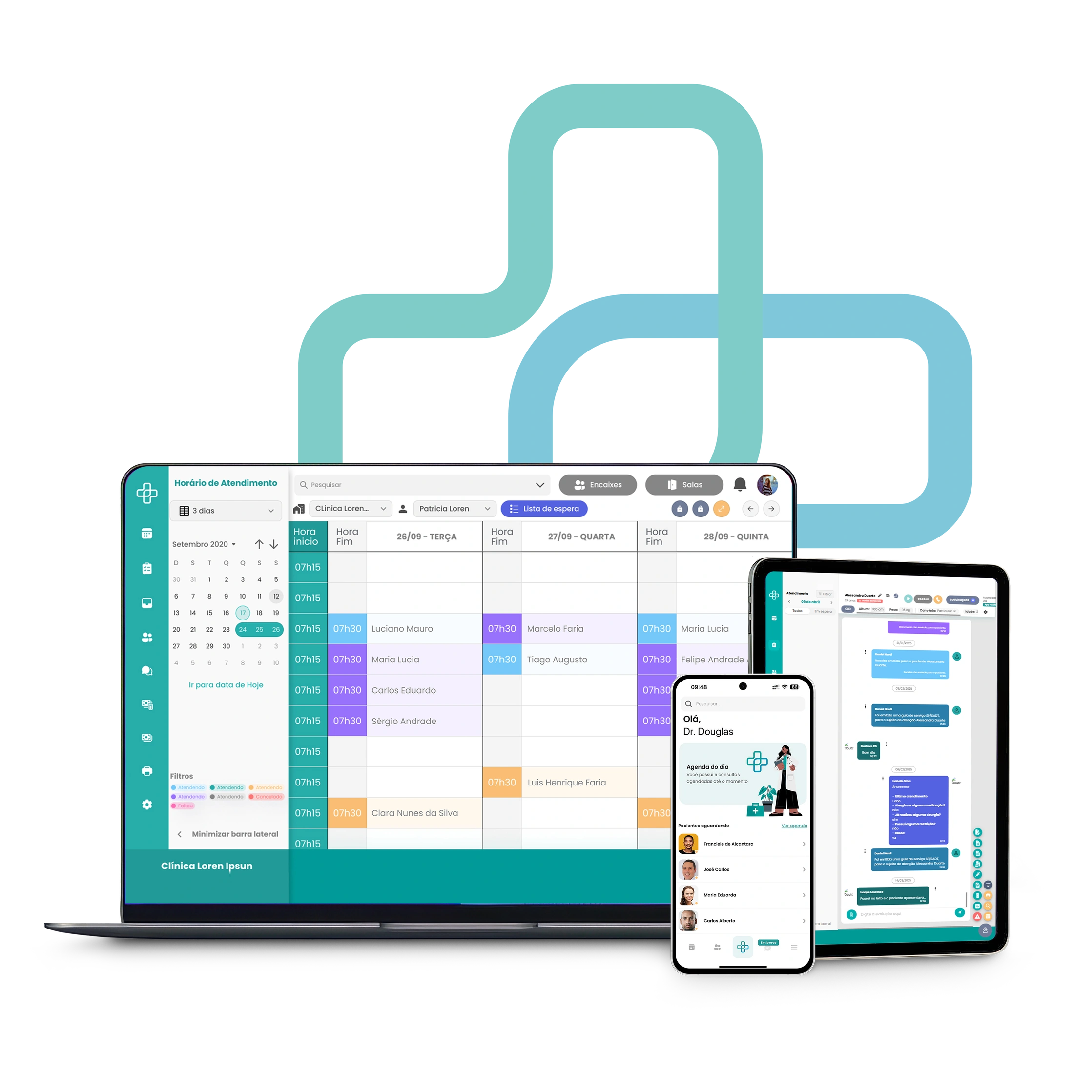 Plataforma App Health em múltiplos dispositivos (Desktop, Tablet e Celular)