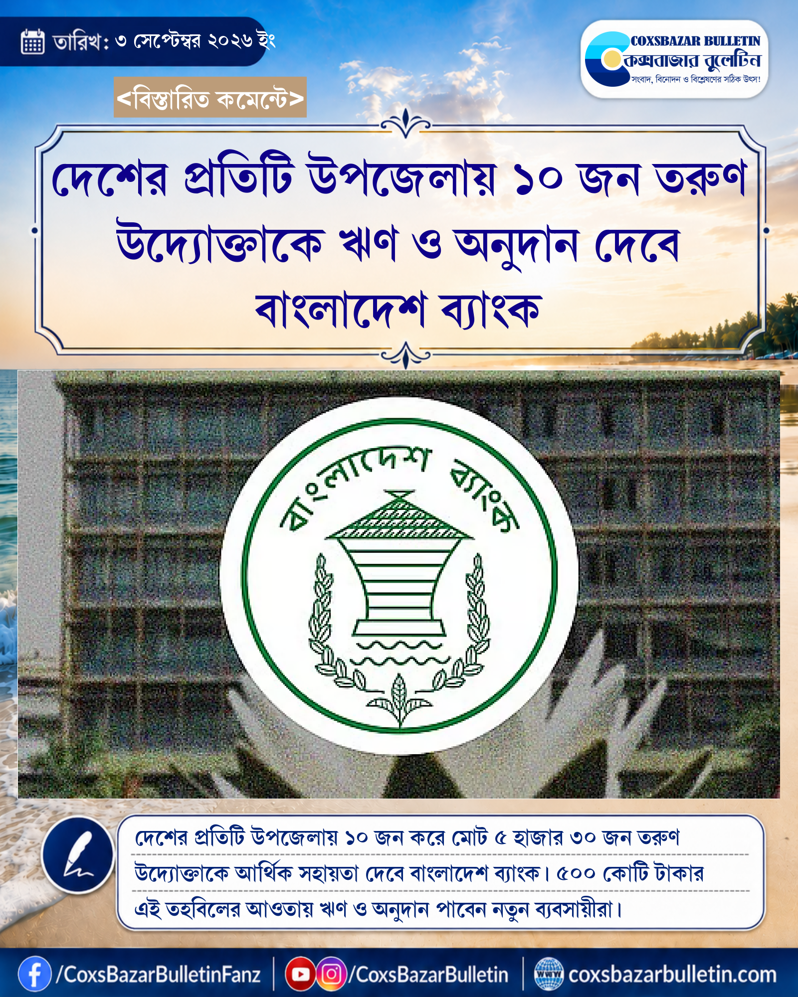 দেশের প্রতিটি উপজেলায় ১০ জন তরুণ উদ্যোক্তাকে ঋণ ও অনুদান দেবে বাংলাদেশ ব্যাংক