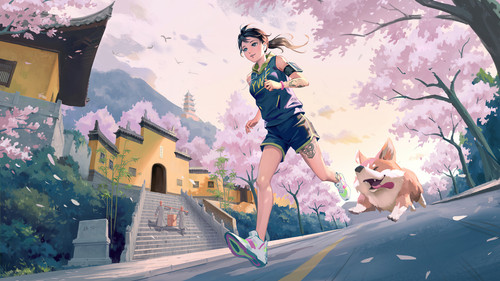 394733 wallpaper anime girl running with dog corgi cherry blossom.jpg