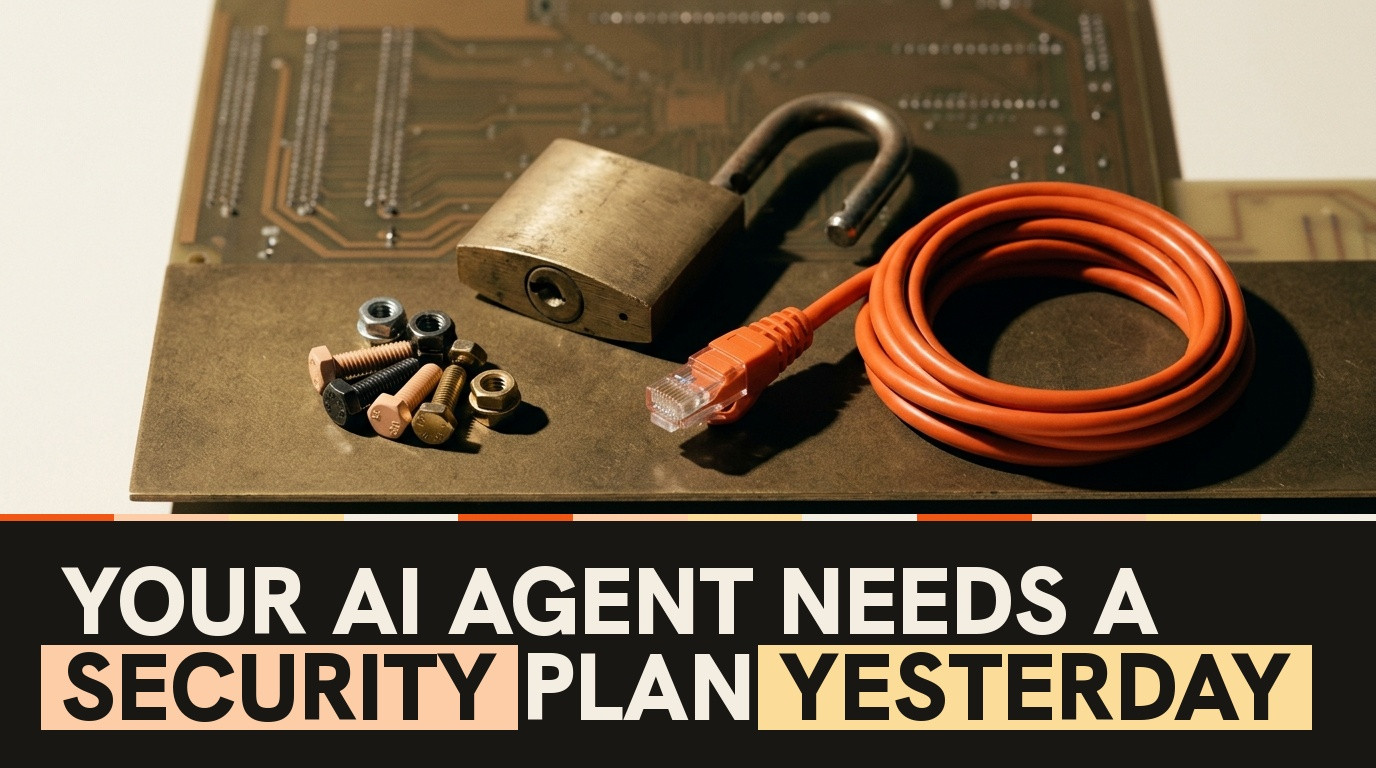 Editorial still-life photograph of an open brass padlock beside a coiled orange network cable and server components on a warm ivory surface