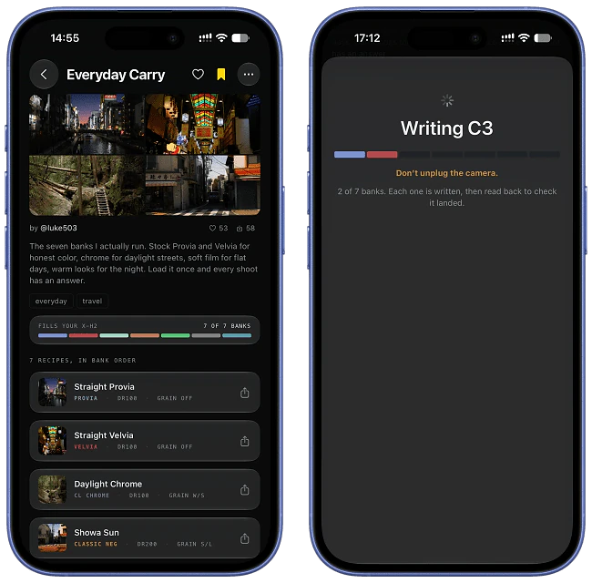 Screenshots of the FujiShare app, showing the process of transferring a pack of recipes to the camera.