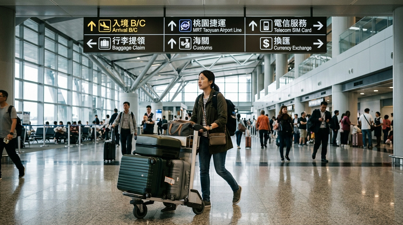 Sảnh đến sân bay Đào Viên Đài Loan với bảng chỉ dẫn MRT, đổi tiền và quầy làm thủ tục