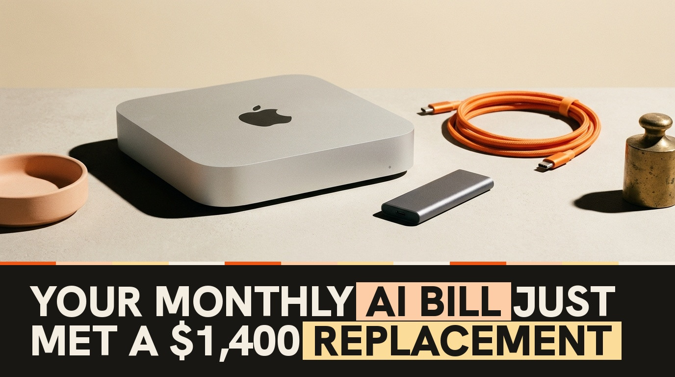 Editorial still-life photograph of a silver Mac Mini computer beside a compact SSD drive and an orange USB-C cable on a warm ivory desk surface