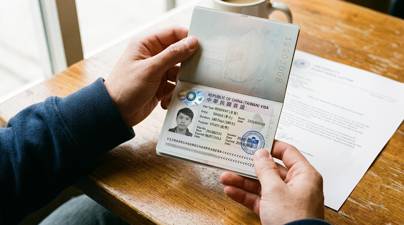 Tấm visa du học cư trú chính thức của Đài Loan được dán trong hộ chiếu