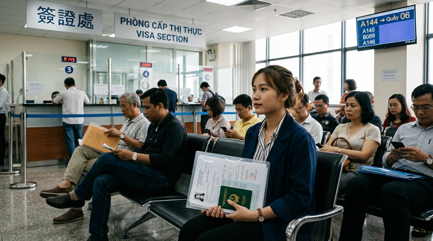 Sinh viên ngồi đợi làm thủ tục nộp hồ sơ visa tại phòng cấp thị thực Văn phòng Đài Bắc TECO