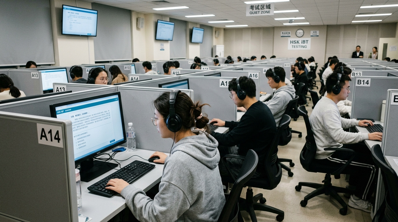 Thí sinh đeo tai nghe làm bài thi tiếng Trung trên máy tính trong phòng thi chuẩn hóa