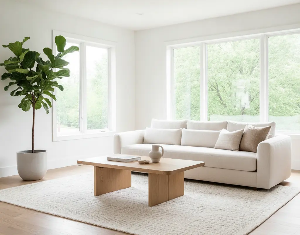 Organic Modern living room with natural wood and light textures