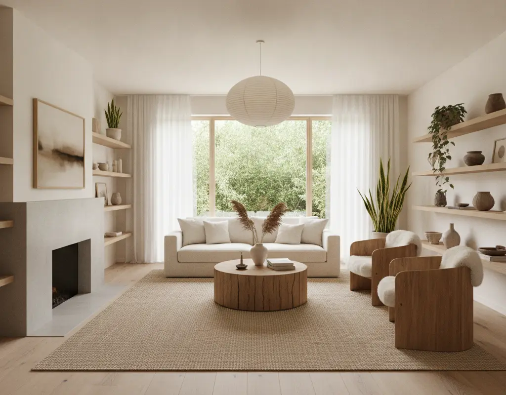 Living room blending Organic Modern and Japandi home decor with natural wood furniture.
