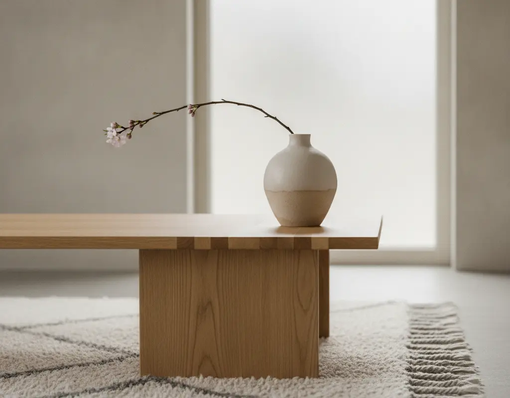 Japandi room decor featuring minimalist wood furniture and ceramic accents.