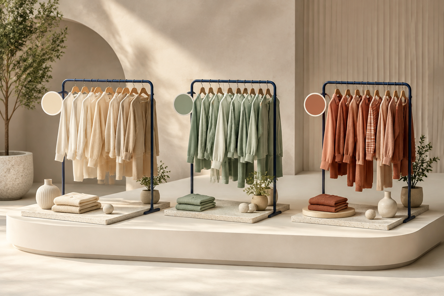 Color-grouped apparel display representing collection page swatches