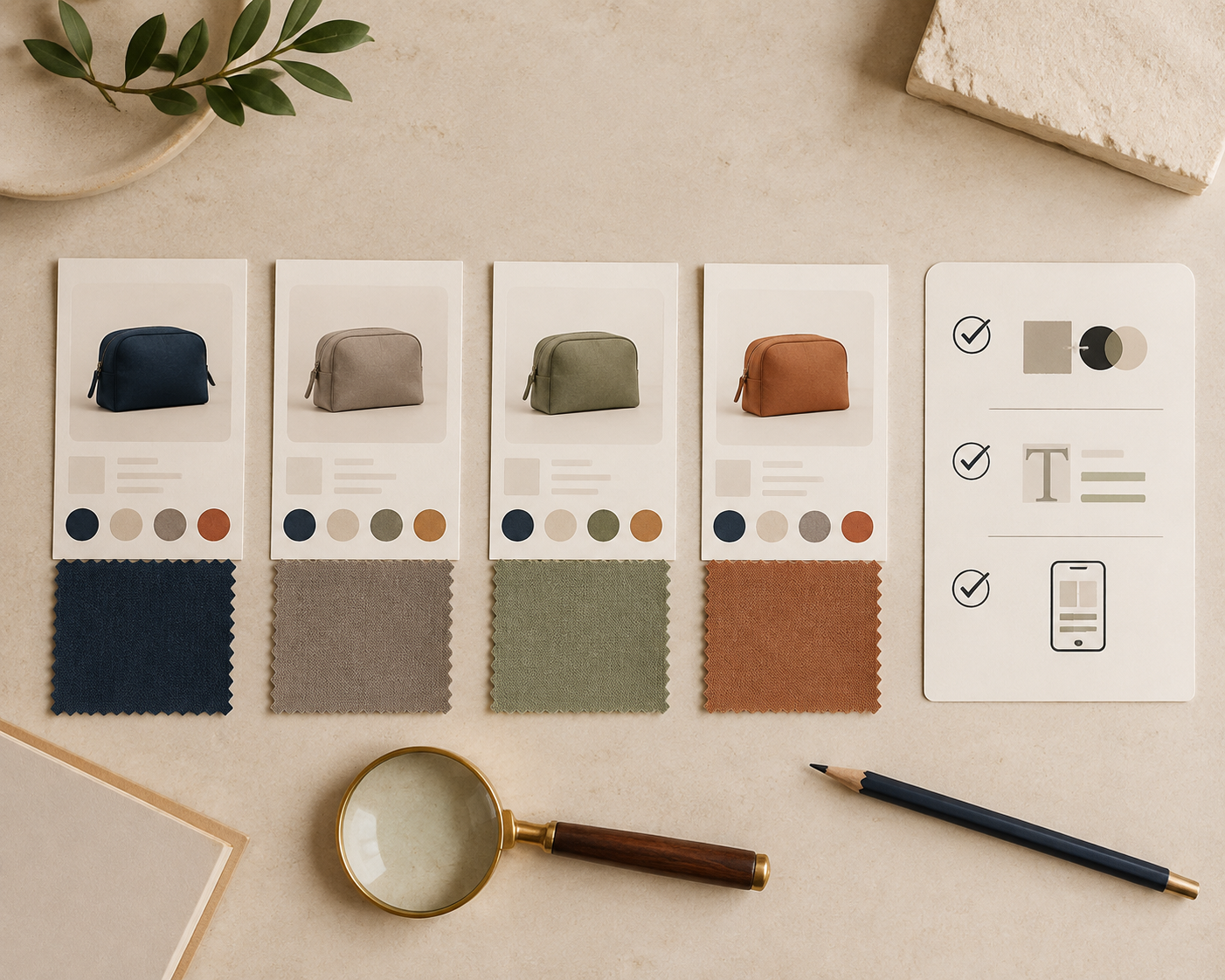 A swatch testing checklist with product cards, fabric samples, and accessibility checks
