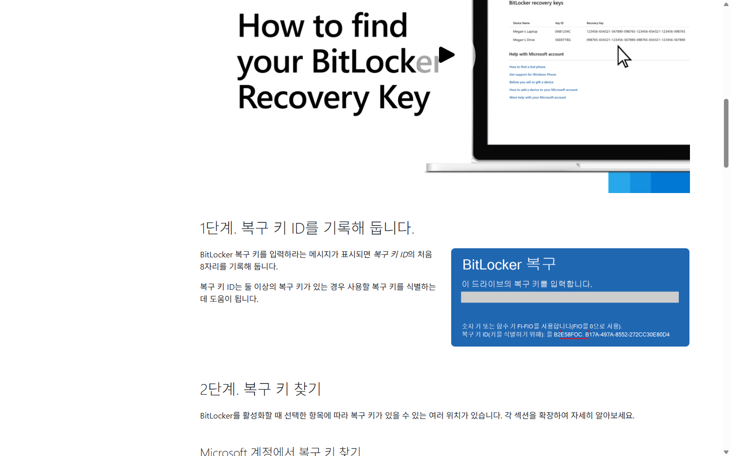 Microsoft BitLocker 복구 화면에서 키 ID를 확인하는 공식 안내