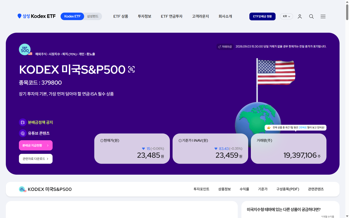 KODEX 미국S&P500 기초지수와 성과 항목 화면