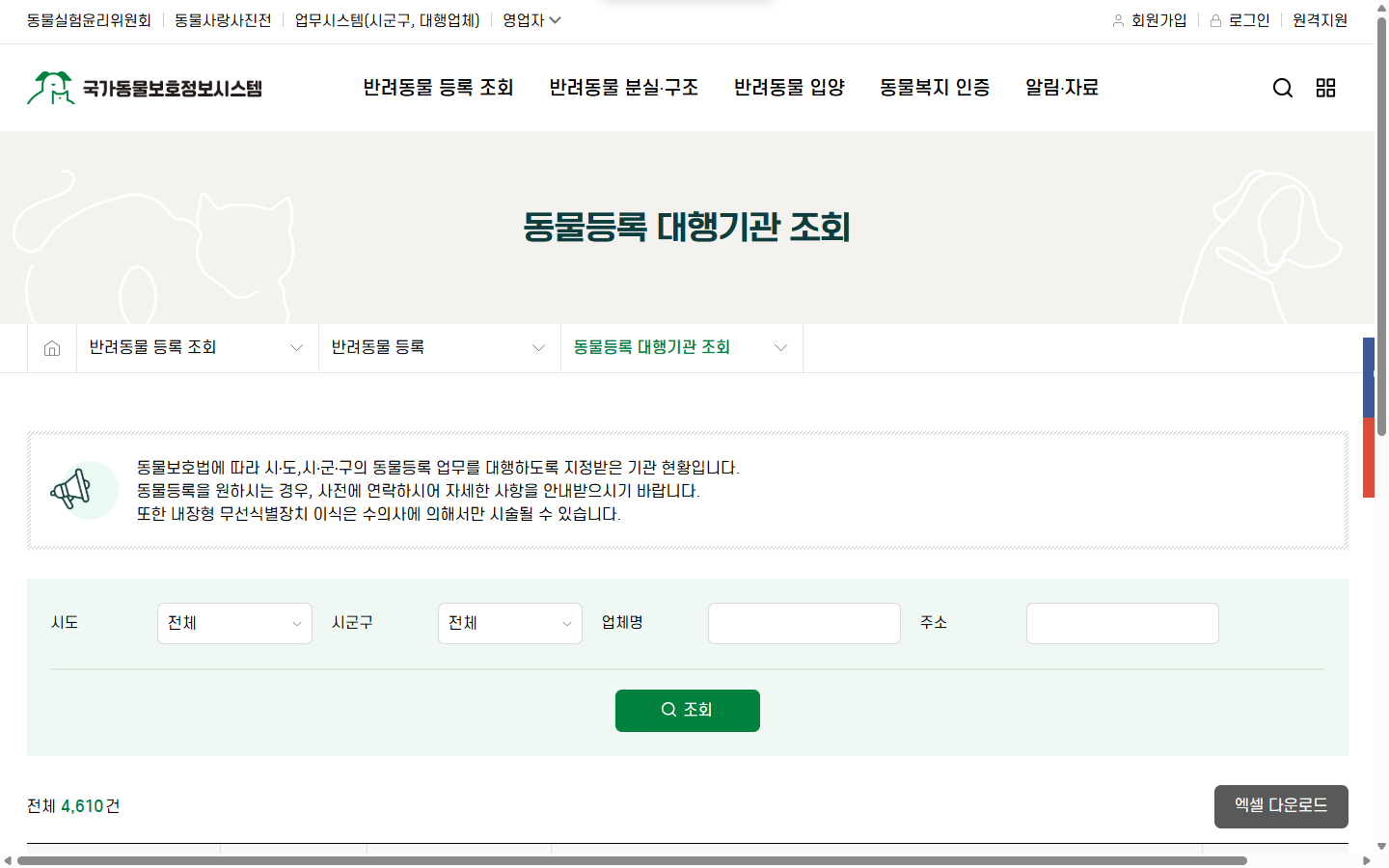 지역별 동물등록 대행기관을 찾는 공식 목록