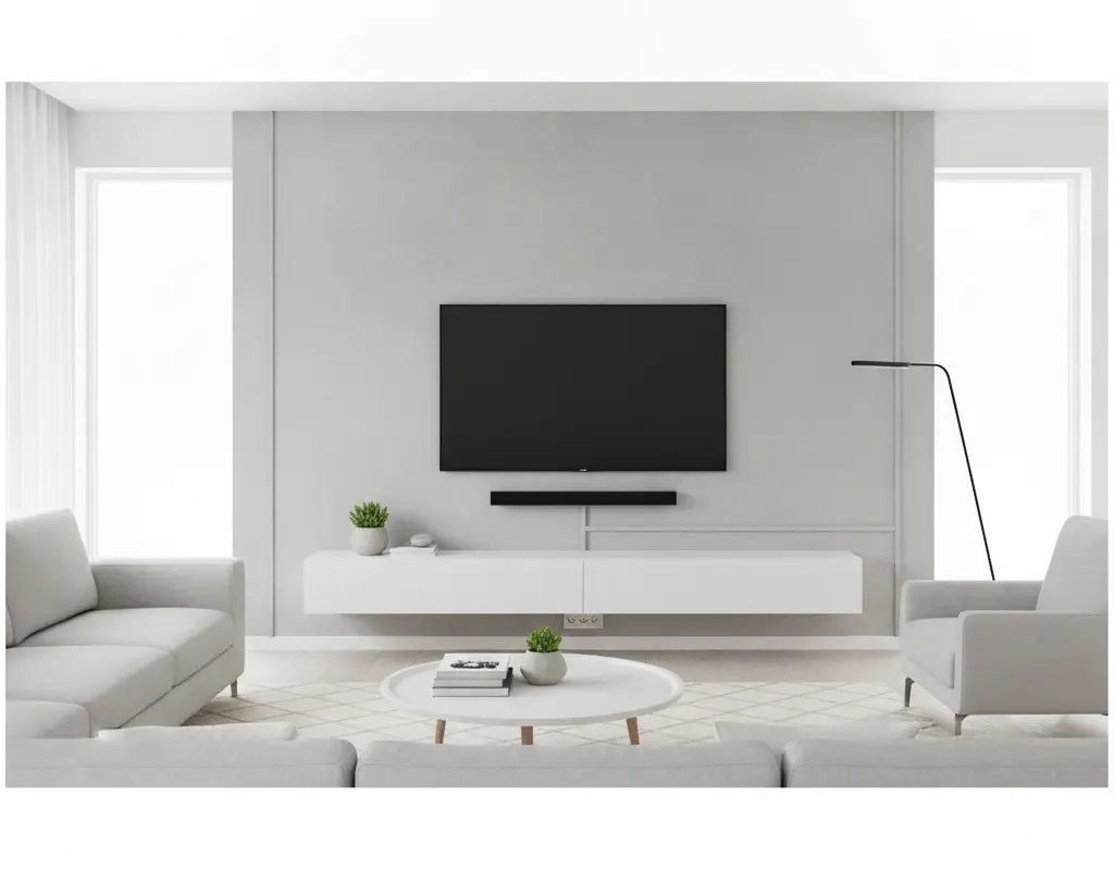 Living room with hidden TV cords using renter-friendly raceways
