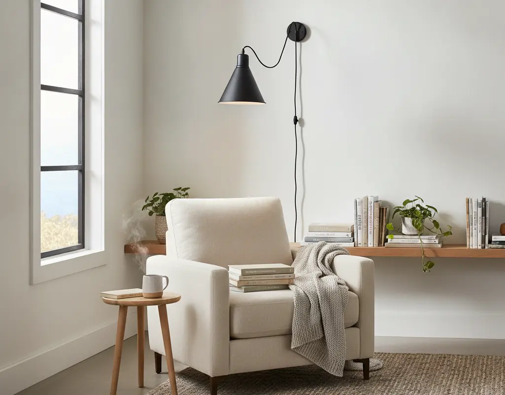 Stylish living room with a modern plug in pendant light over a reading nook