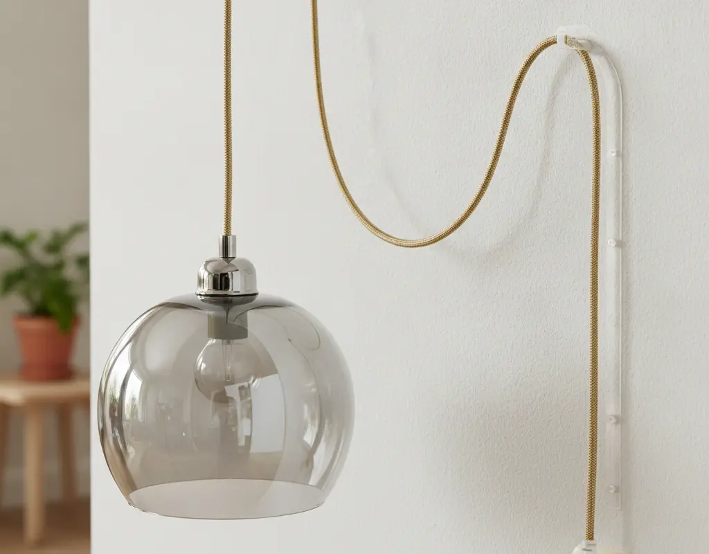 Close-up of a smoked glass plug in pendant light with neatly concealed fabric cord