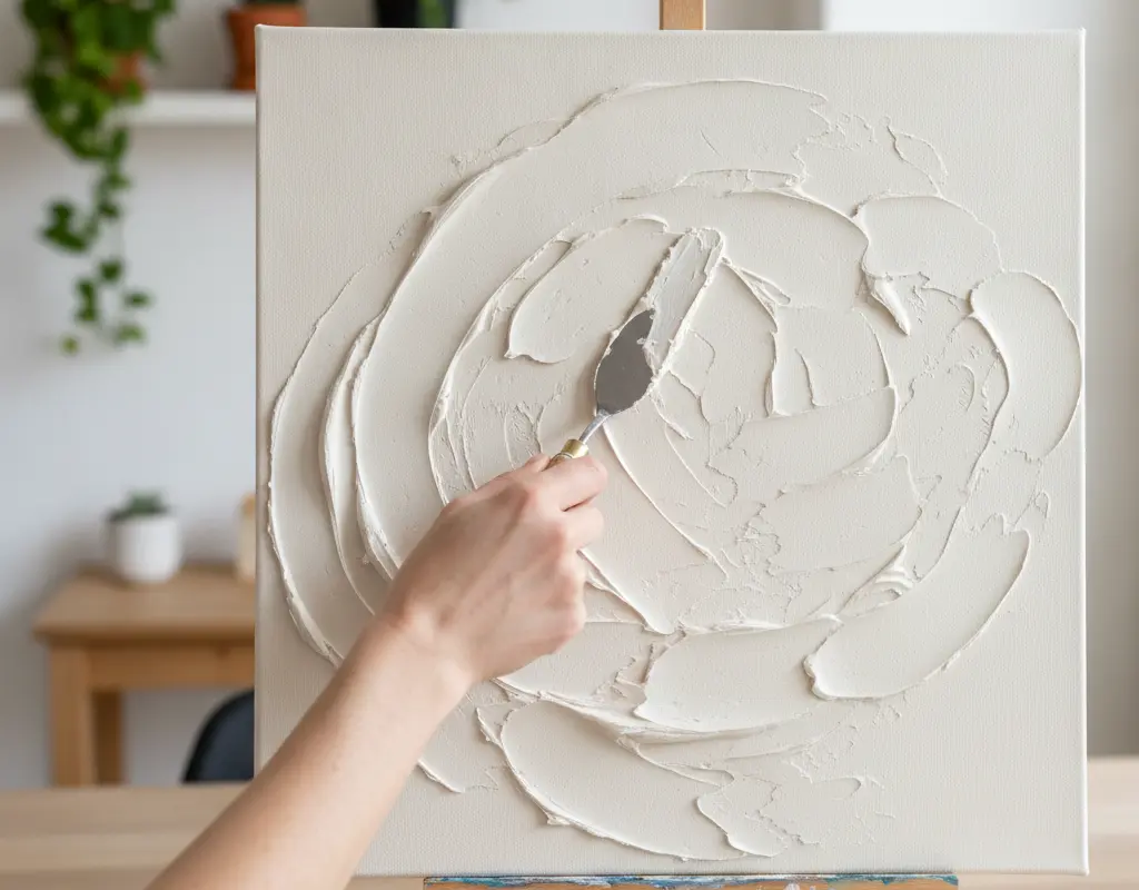 Hand applying joint compound to a large canvas for DIY textured canvas art