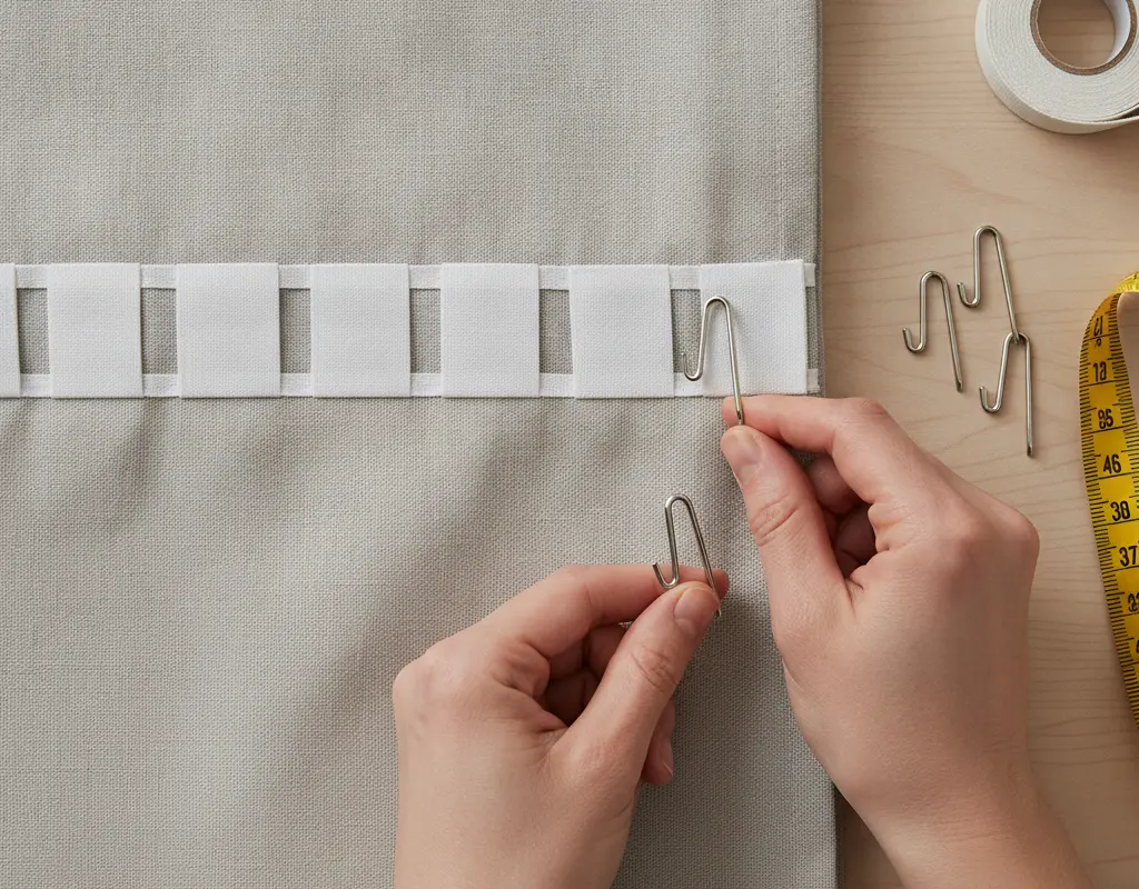 Hands inserting a 4-prong hook into pleater tape on a curtain panel for DIY pinch pleats.