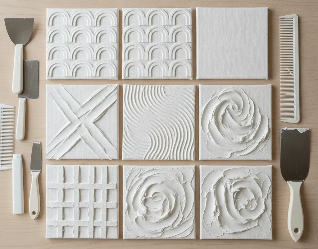 Examples of modern textured patterns for plaster wall art using joint compound