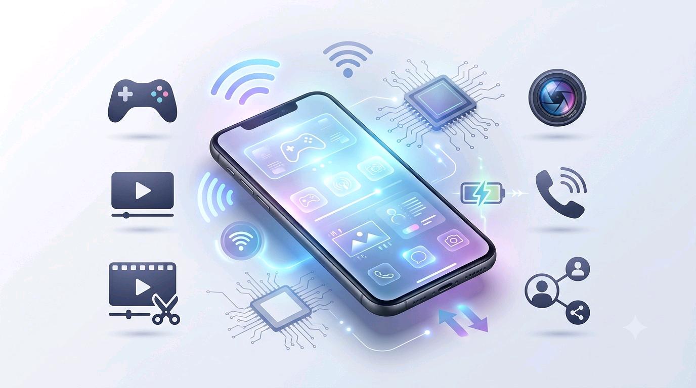 Smartphone technology for gaming, video watching, video editing, photography, calling and social media