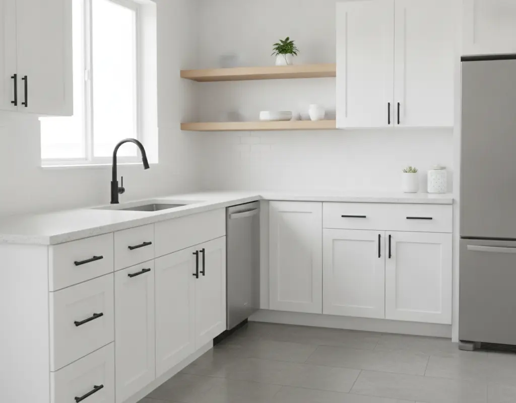 Modern black cabinet hardware on a white kitchen cabinet in a rental apartment