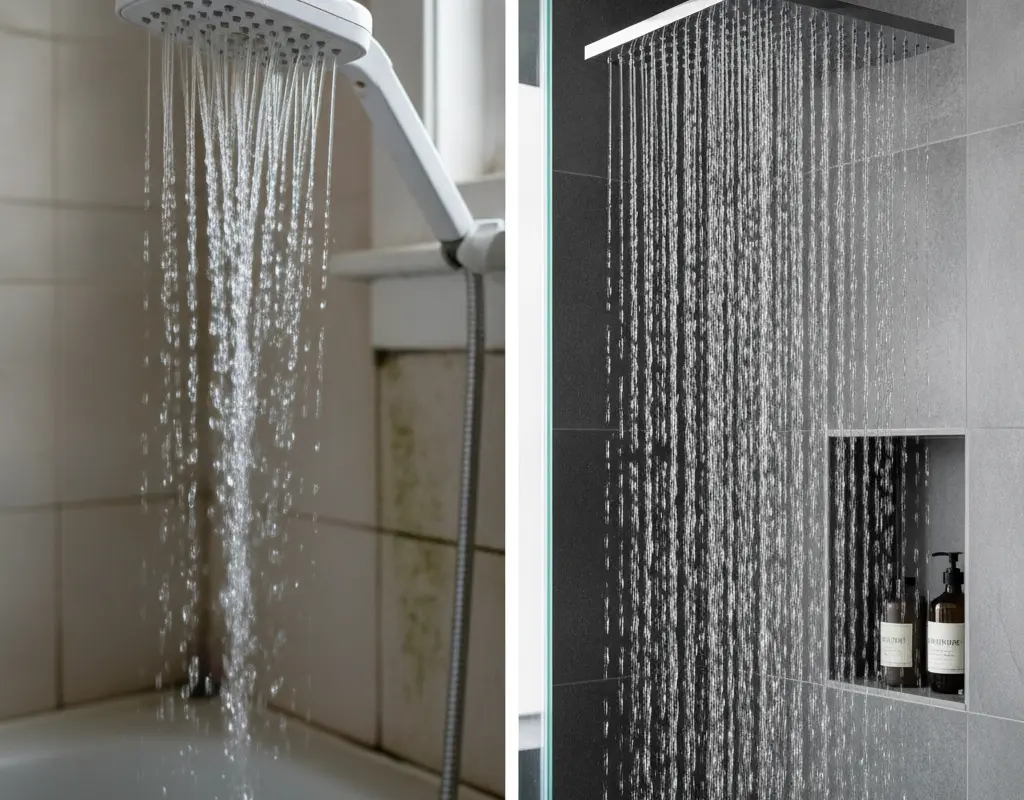 Comparison of low-pressure rental shower head vs. high-pressure renter friendly shower head