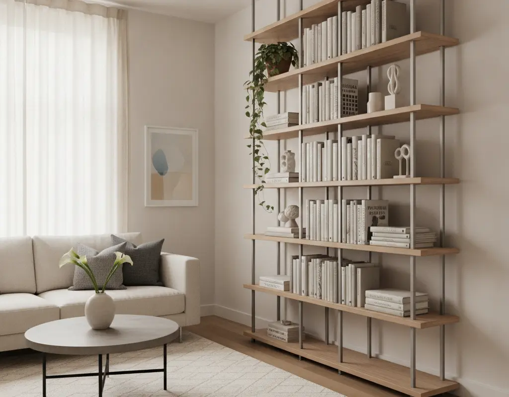 Elegant living room with vertical bookshelf in a small apartment