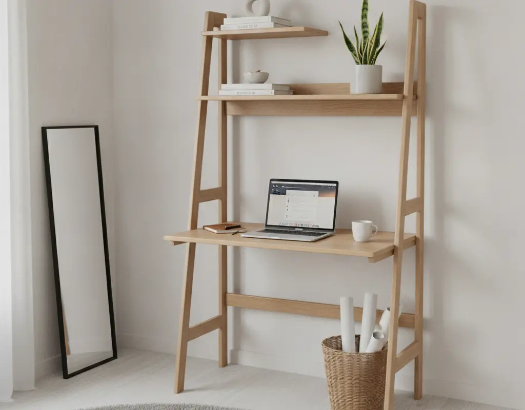 Sleek leaning ladder desk for small apartment home office