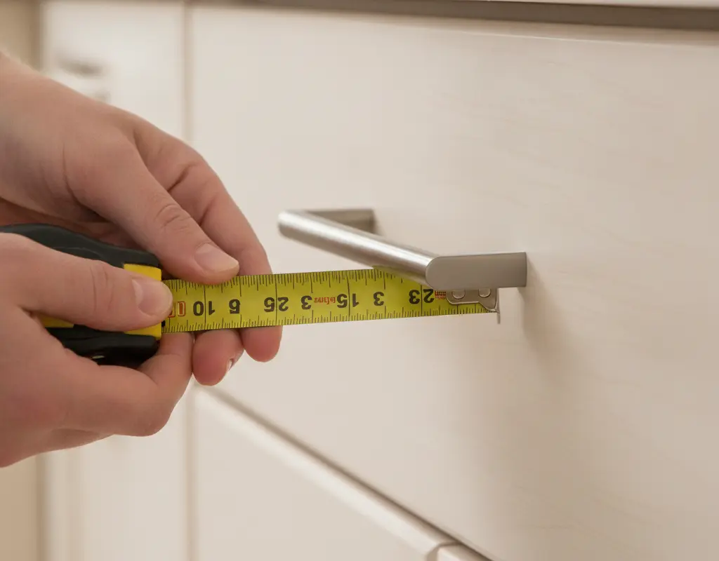 Close-up of hands measuring center-to-center hole spacing on a kitchen cabinet drawer