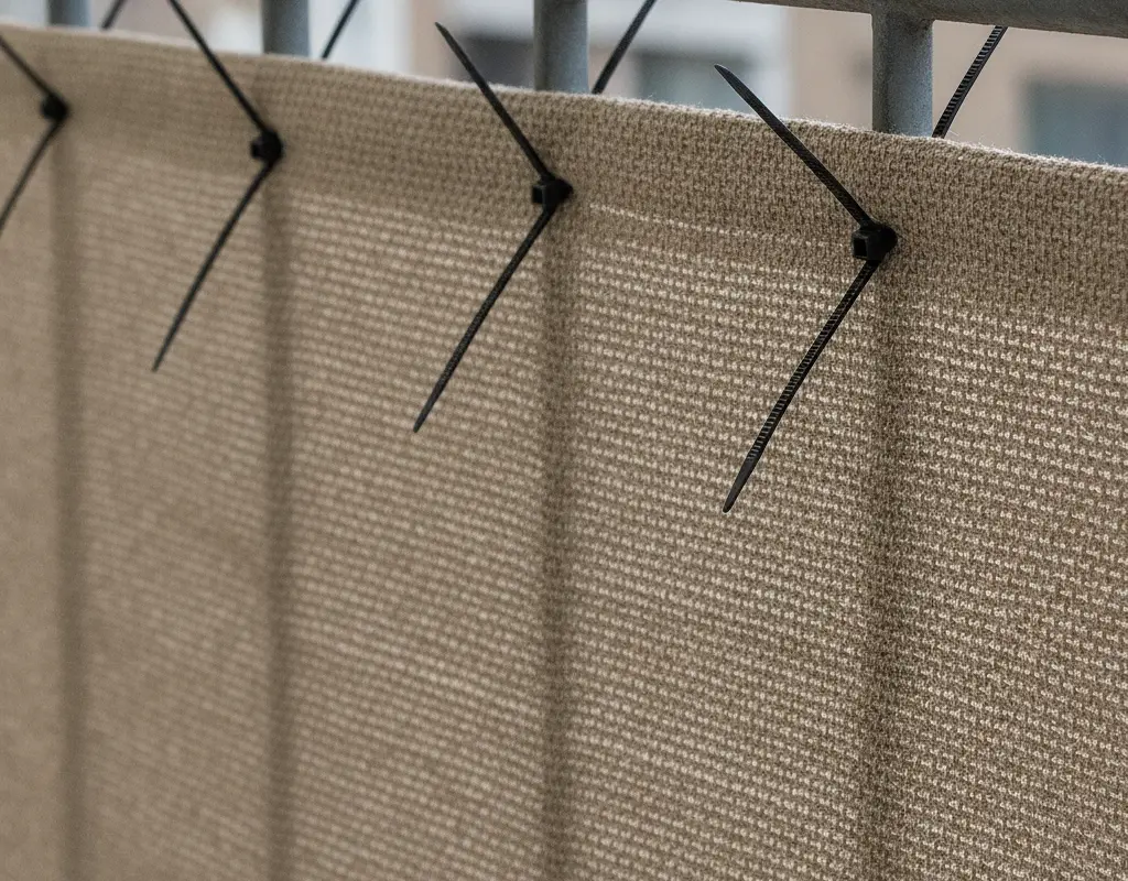 Zip-tie fastening technique for a woven canvas balcony privacy screen