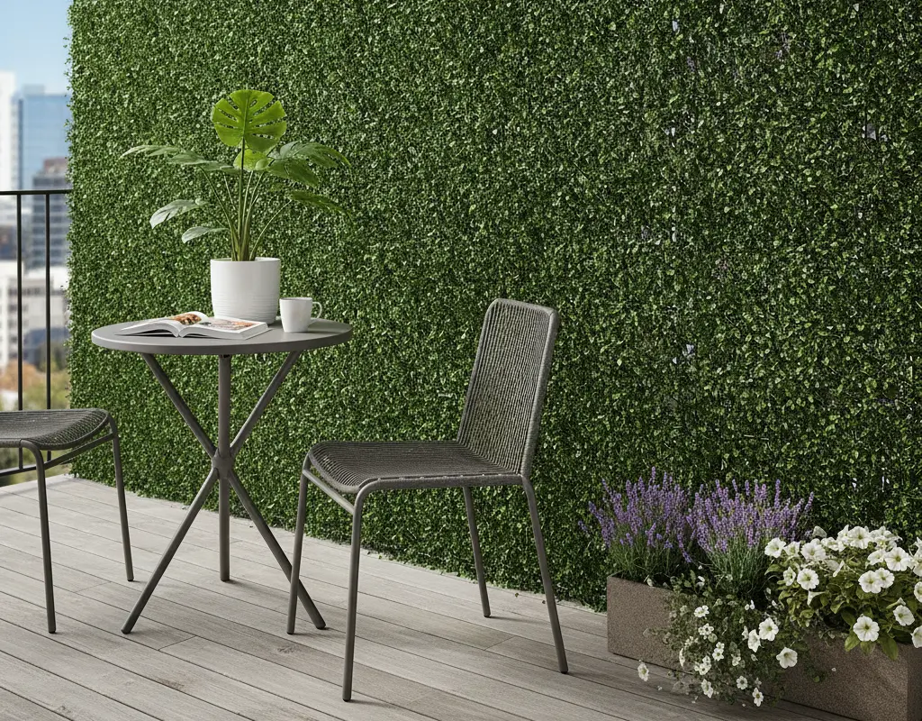 Chic faux ivy balcony privacy screen on a rental apartment balcony