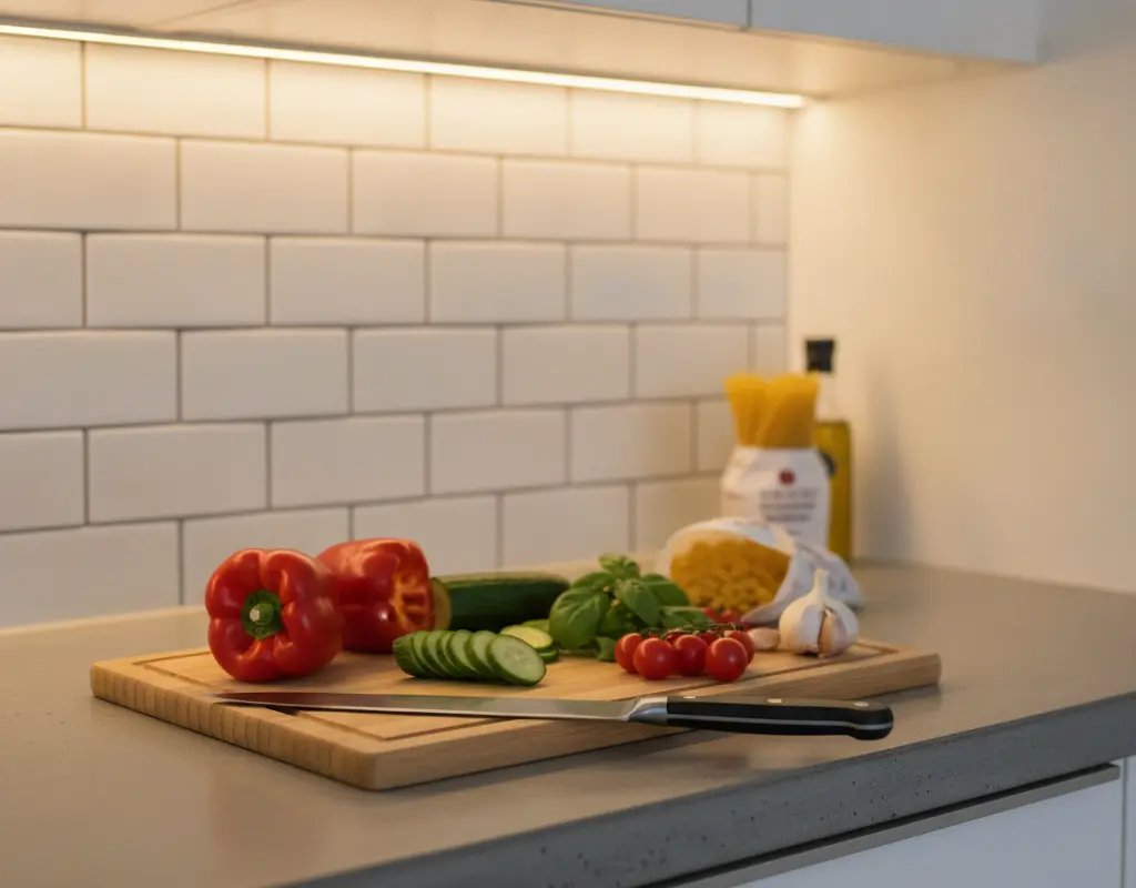 Wireless under cabinet lighting illuminating a modern rental kitchen counter